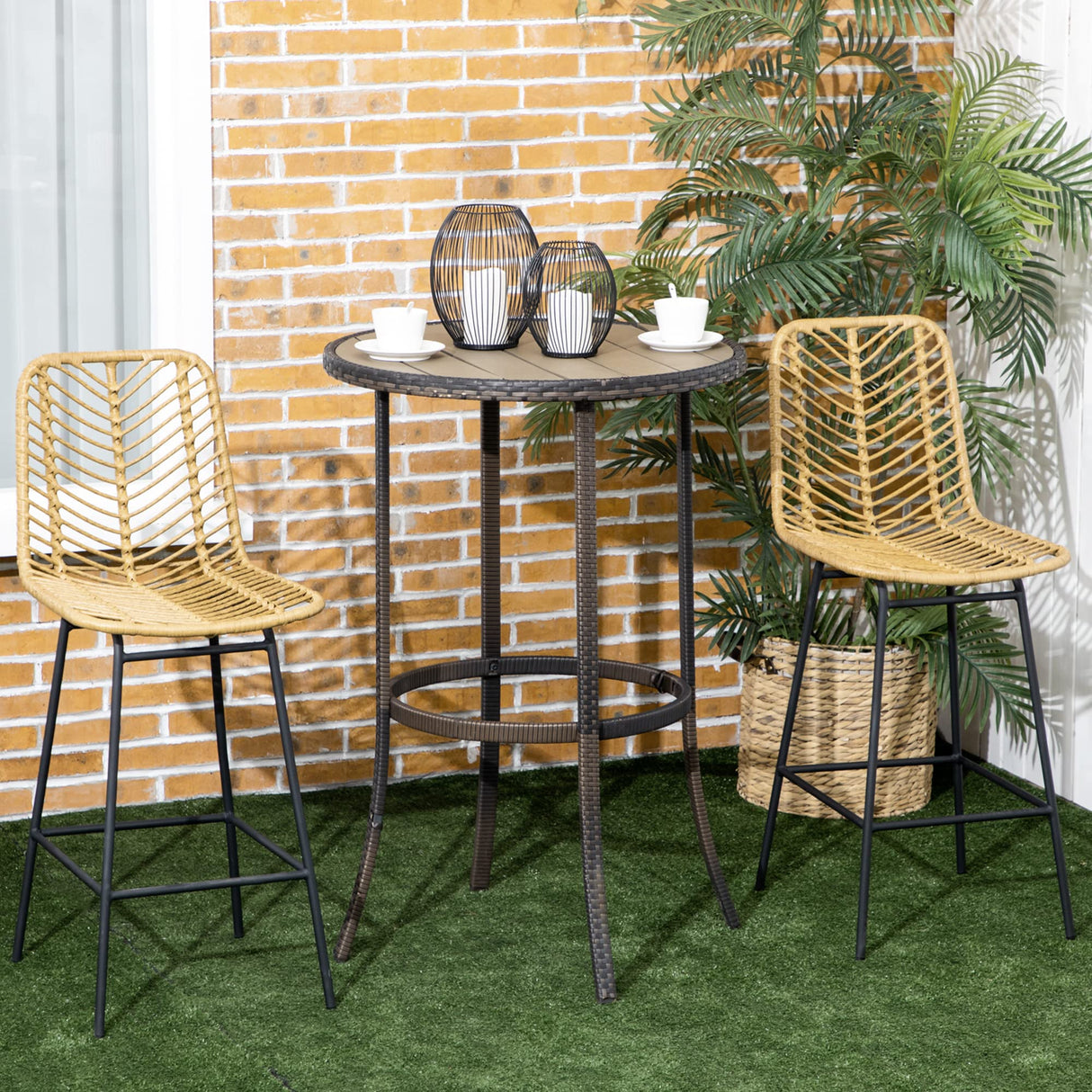 HOMCOM Rattan Bar Stools Set of 2, 26" Counter Height Barstools, Boho Kitchen Island Stools with Breathable Wicker Seat and Back, Yellow HOMCOM