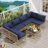 FHFO 7 Piece Outdoor Wicker Patio Furniture Set, Rattan Sectional Sofa Couch, Patio Conversation Set with Cushion & Coffee Table, for Backyard Poolside Porch Garden, Yellow/Blue FHFO