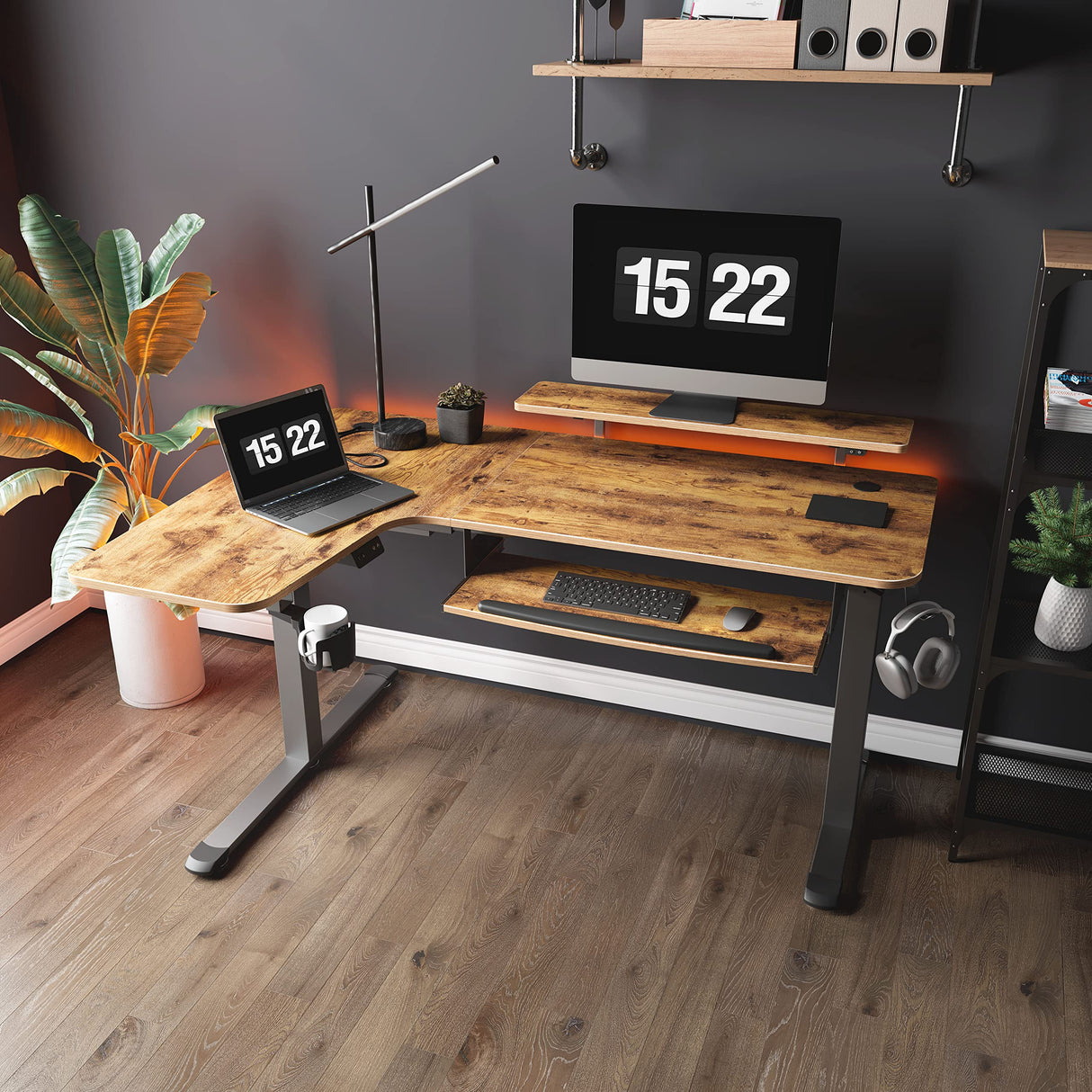 EUREKA ERGONOMIC Standing Desk with Keyboard Tray, Computer Desk, 61" L Shaped Electric Adjustable Height Desk w Monitor Stand LED, Corner Sit Stand Desk Gaming Desk, Dual Motor,Left/Rustic Brown EUREKA ERGONOMIC