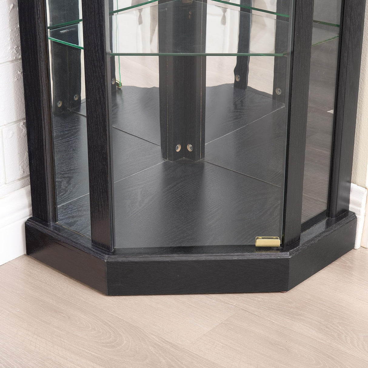 Lighted Corner Display Curio Cabinet Wooden Shelving Unit with Tempered Glass Door, Bar and Liquor Storage Area with 4 Shelves, Wine Cabinet，Black CQSXDA