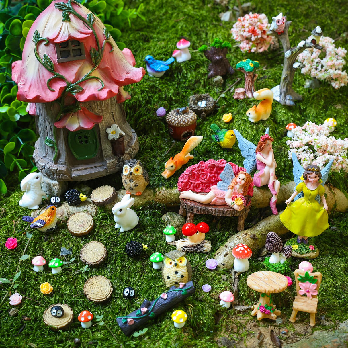 93 Pcs Fairy Garden House Resin Accessories Fairy Elves Kit Miniature Fairy Figurines Ornaments Animals Decor Outdoor for DIY Dollhouse HIYZI