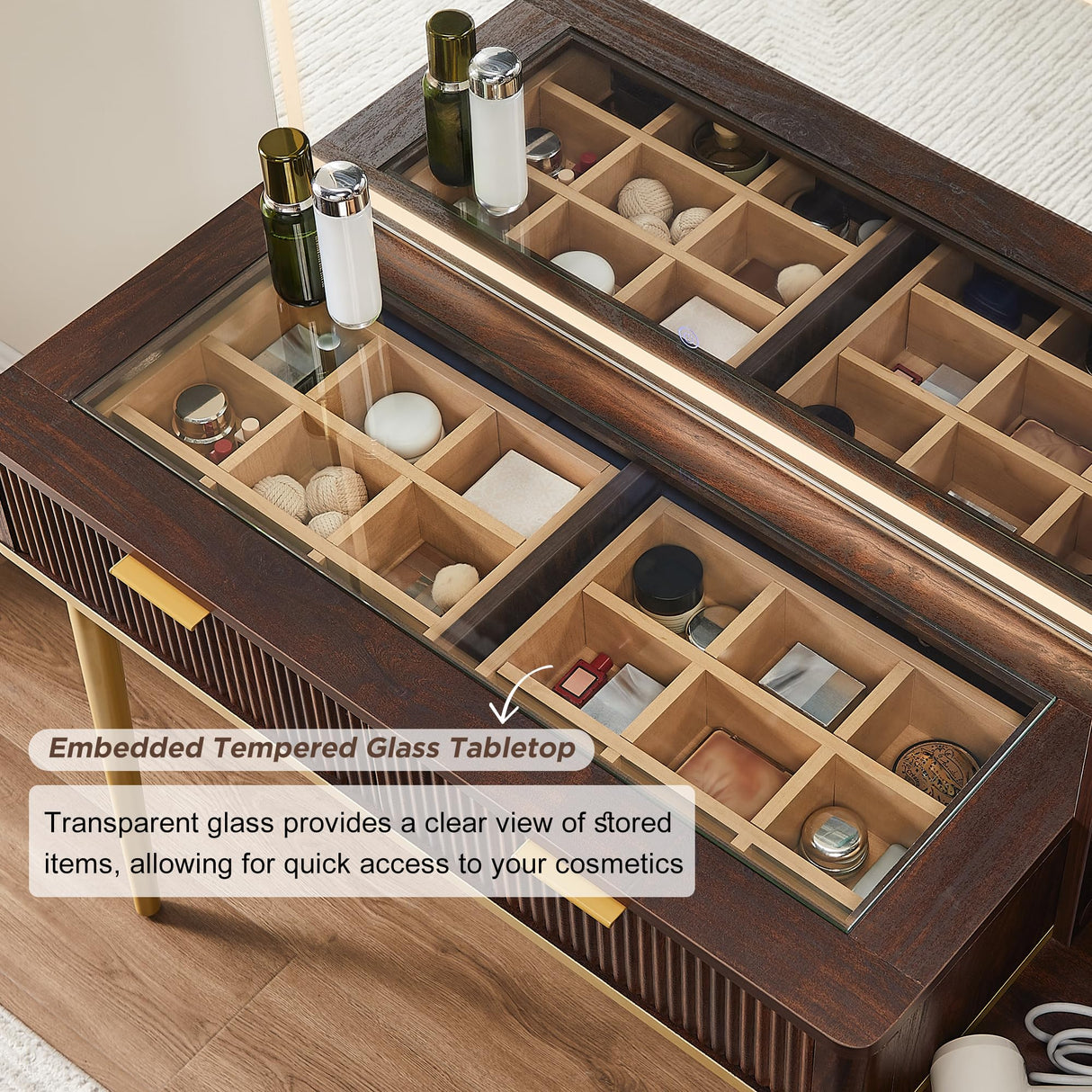 T4TREAM Fluted Makeup Vanity Desk with 36" HD Lighted Mirror, 48" Big Modern Vanity Desk with Mirror and Lights, Dressing Table with 5 Drawers & Shelves, Glass Top for Bedroom (Dark Walnut) T4TREAM