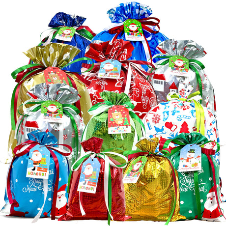 38PCS Christmas Drawstring Gift Bags Assorted Size Small Medium Large, Holiday Xmas Presents Wrapping Bags with Tags Diamerd