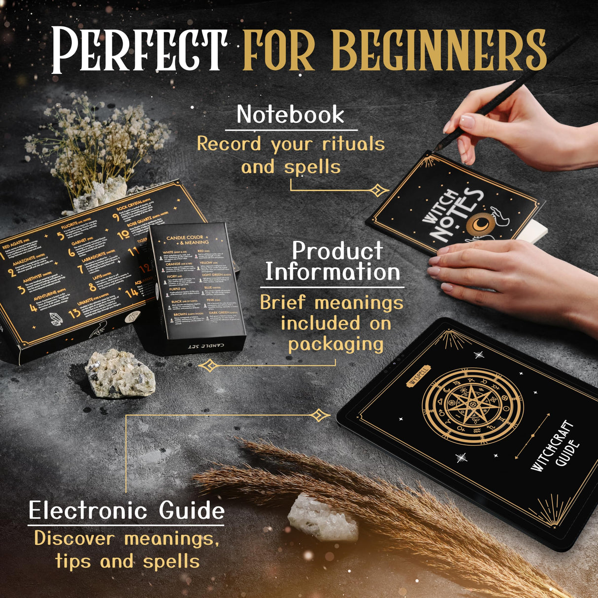 Witchcraft Supplies Kit for Witch Altar 54PCS - Spell Candles for Witches - Crystals Spell Jars for Witches - Herbs for Spells - Beginner Witch Starter Box - Witchcraft Kit Wyspell