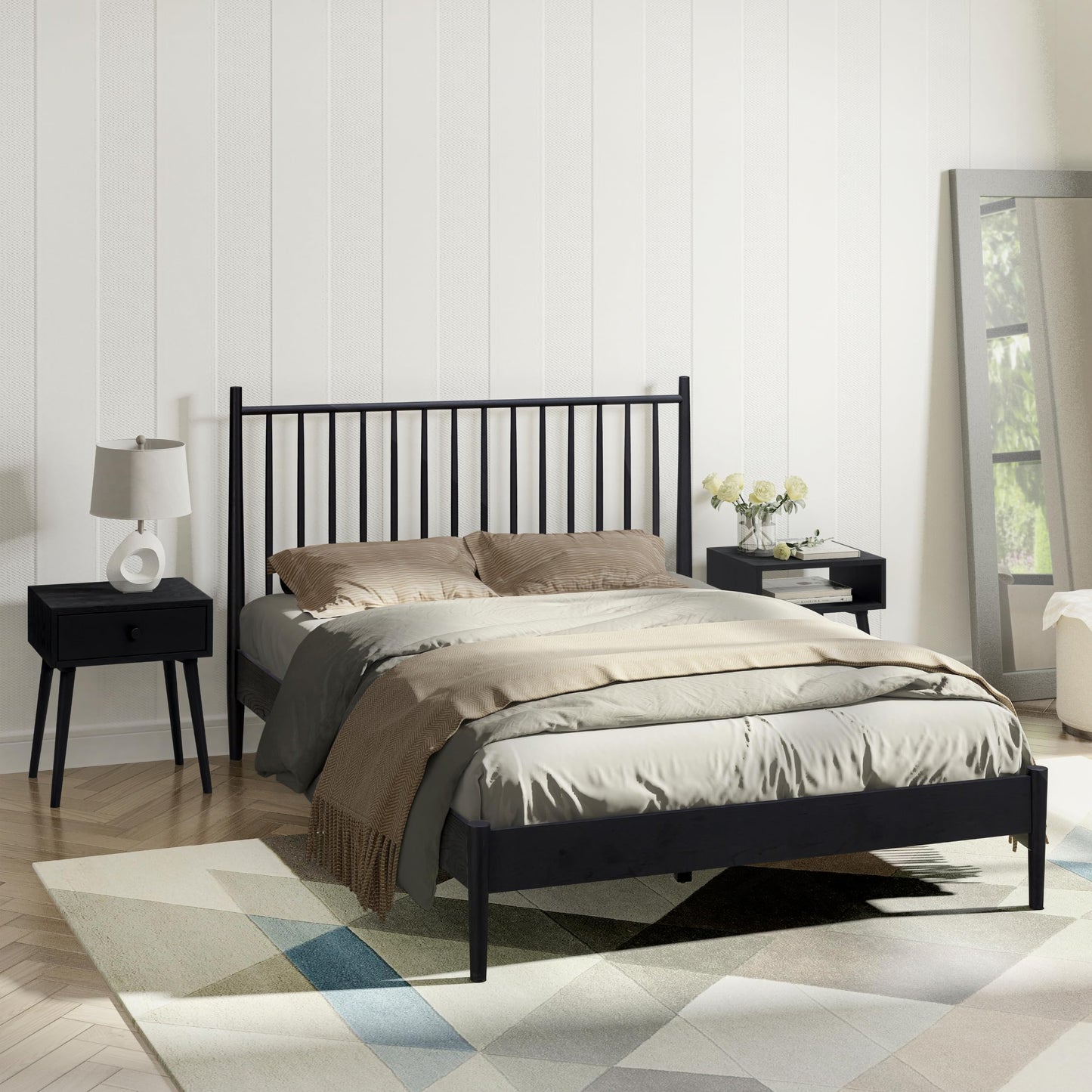 NTC Inno King Wooden Bed Frame with Headboard - Solid Oak & Rubber Wood, Burnt Black Finish - WoodArtSupply