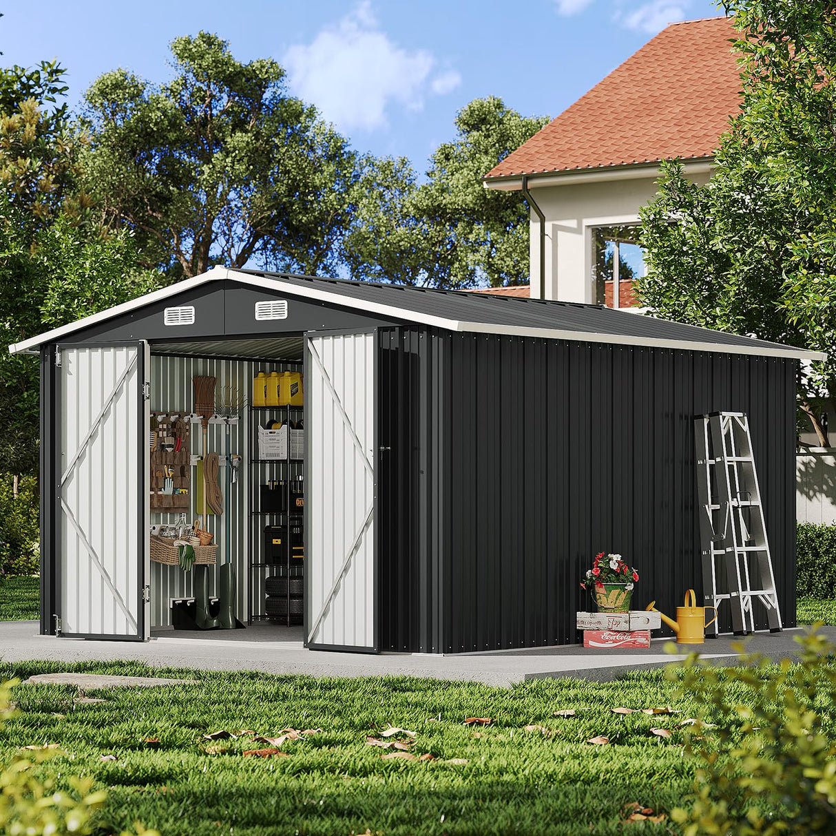 Breezestival 10x12FT Outdoor Storage Shed, Metal Garden Shed with Lockable Double Doors & Sloping Roof, Weather-Resistant Tool Shed for Backyard, Patio, Poolside Black Breezestival