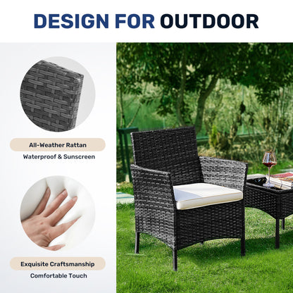 YSSOA Patio Furniture Set 3 Pieces Outdoor Rattan Wicker Chairs with Soft Cushion and Glass Coffee Table, Waterproof Conversation Bistro Loveseat for Garden Backyard, Balcony, Terrace, Black