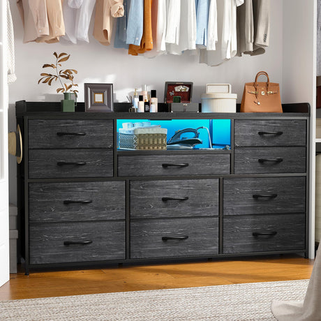 EnHomee Dresser TV Stand with 11 Drawers for 60" TV Stand for Bedroom with LED Lights & Power Outlets Long Dresser for Bedroom with Shelves & 4 Hooks Sturdy Metal Frame & Wood Top, Charcoal Black EnHomee