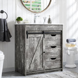 Aitjunz 30" Farmhouse Bathroom Vanity with Sink, Freestanding Bathroom Storage Vanity Cabinet w/Sliding Barn Door & 3 Drawers, Adjustable Shelves, Light Grey Aitjunz