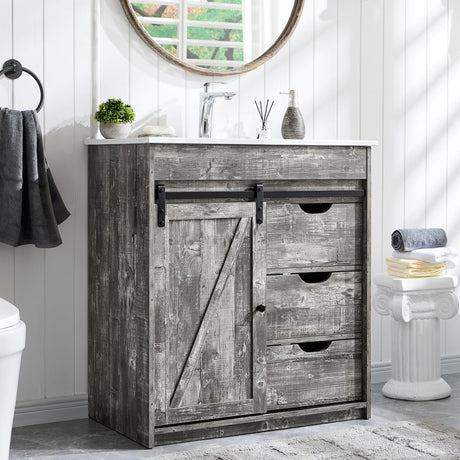 Aitjunz 30" Farmhouse Bathroom Vanity with Sink, Freestanding Bathroom Storage Vanity Cabinet w/Sliding Barn Door & 3 Drawers, Adjustable Shelves, Light Grey Aitjunz