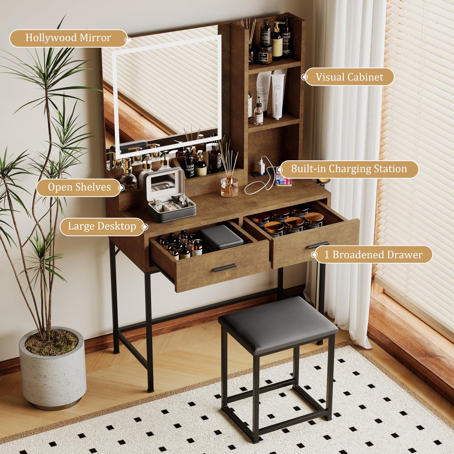 Aklaus Vanity Desk Worn Wood Brown Vanity Table with Light Mirror Small Corner Distressed Wood Makeup Vanity with Stool Modern Dressing Table for Bedroom Walk-in Closet Bathroom Powder Room