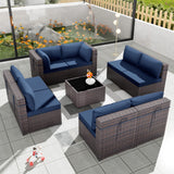 Kurapika 9 Pieces Patio Furniture Set, Rattan Wicker Outdoor Conversation Sets w/4 Inch Cushion and Glass Coffee Table(Navy Blue) Kurapika