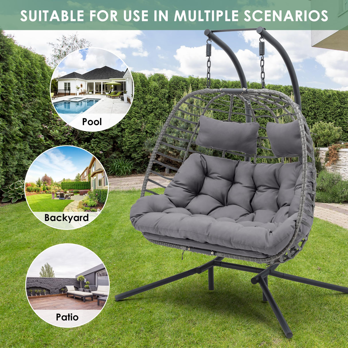 Double Egg Swing Chair with Stand for Outdoor, Patio Hand Made Rattan Wicker 2 Double Hanging Egg Chairs Hammock Chair with UV Resistant Cushion and Metal Frame, Porch Swing Loveseat for Backyard XIAO WEI
