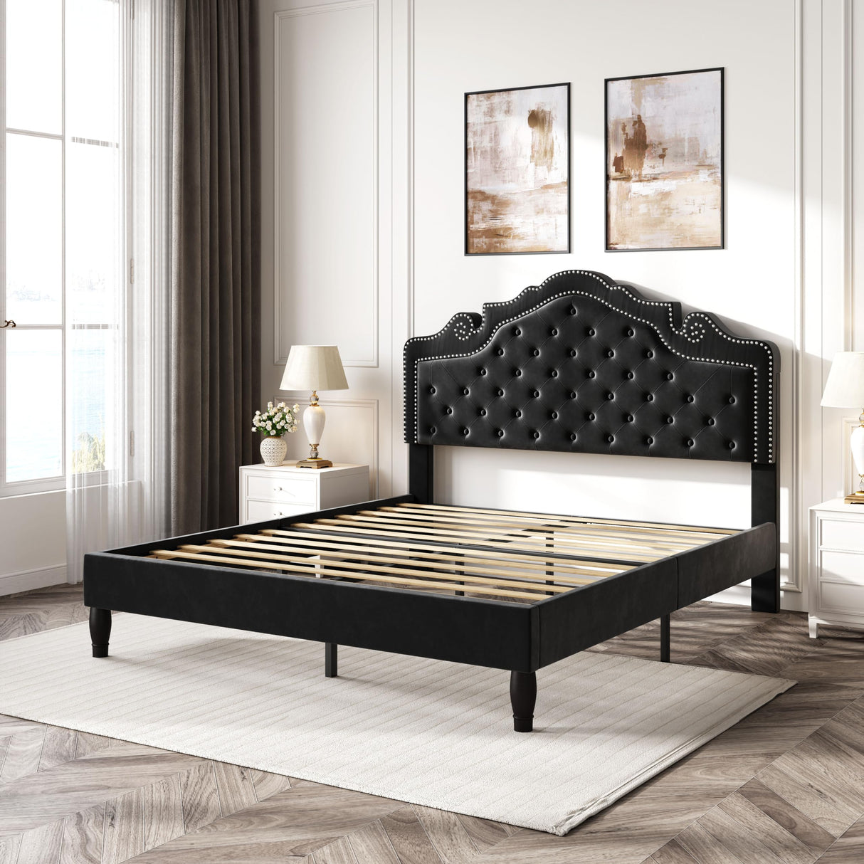 SHA CERLIN Full Size Bed Frame with Adjustable Headboard/Velvet Upholstered/Diamond Button Tufted and Metal Studs/No Box Spring Needed/Wood Slat Support/Easy Assembly/Black SHA CERLIN