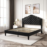 SHA CERLIN Full Size Bed Frame with Adjustable Headboard/Velvet Upholstered/Diamond Button Tufted and Metal Studs/No Box Spring Needed/Wood Slat Support/Easy Assembly/Black SHA CERLIN