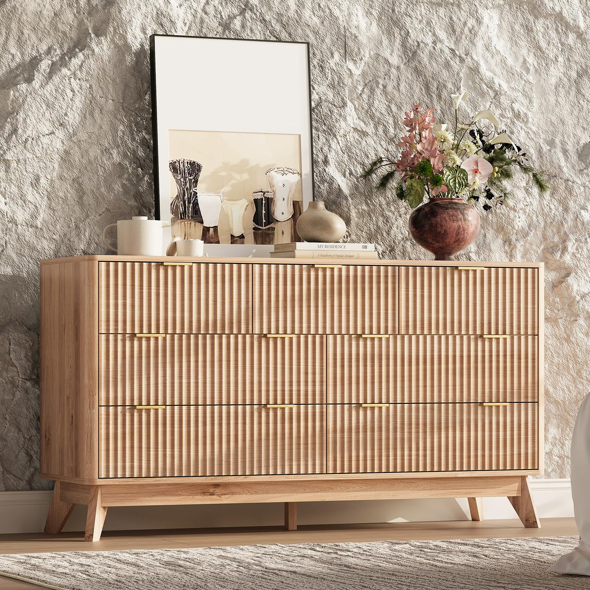 TROJM 54'' Wide 7 Drawers Dresser for Bedroom,Modern Fluted Vertical Chest with Rounded Corners,Fluted Dresser for Living Room,Hallway, Natural Wood TROJM