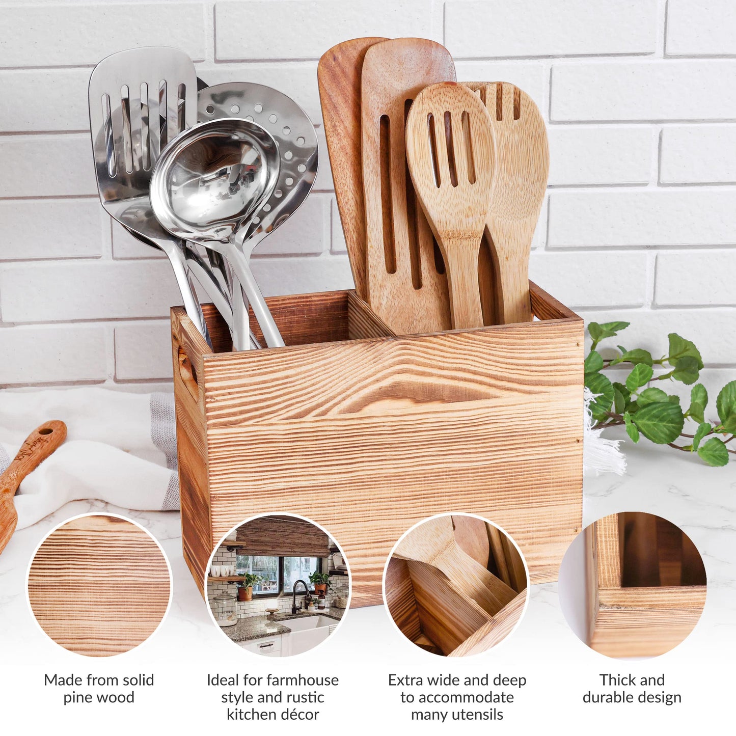 CB Accessories Utensil Holder in Rustic Wood for Kitchen Countertop Organizer and Cooking Tools Storage (Double Compartment)