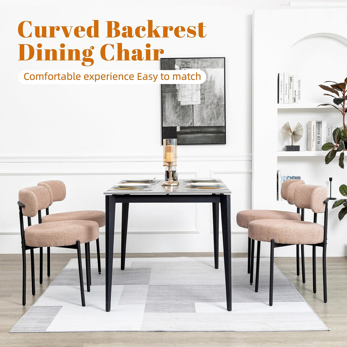 DYHOME Kitchen Chairs Mid-Century Modern Dining Chairs Set of 6, Kitchen Dining Room Chairs, Boucle Upholstered Wishbone Dining Chair, Camel Color DYHOME