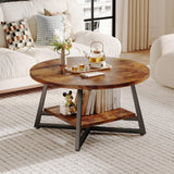 Round Coffee Table, Small Circle Coffee Table with Storage, Modern Wood Round Center Table for Living Room, Home Office, Small Space, Easy Assembly, Rustic Brown Homeiju