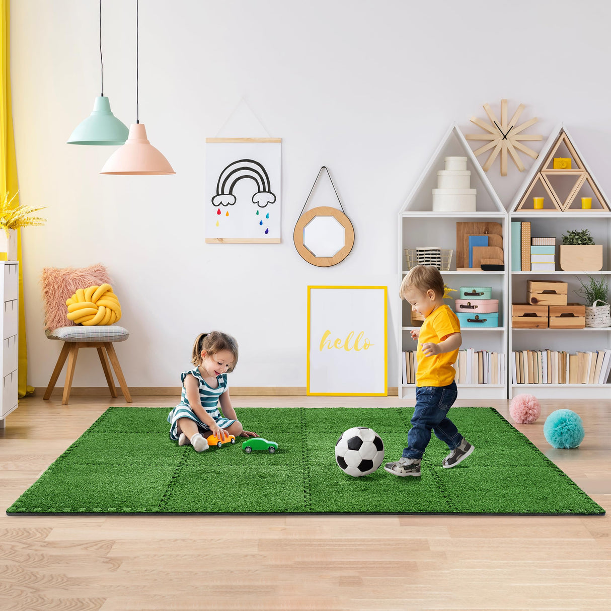 Sorbus Grass Foam Floor Tiles - 12 Interlocking Mats of 24"X24” Total of 48 Sq Ft for Kids Outdoor Toys, Playroom, Deck, Patio, Basement Home Gym - Artificial Carpet Grass Turf Indoor Outdoor Flooring Sorbus