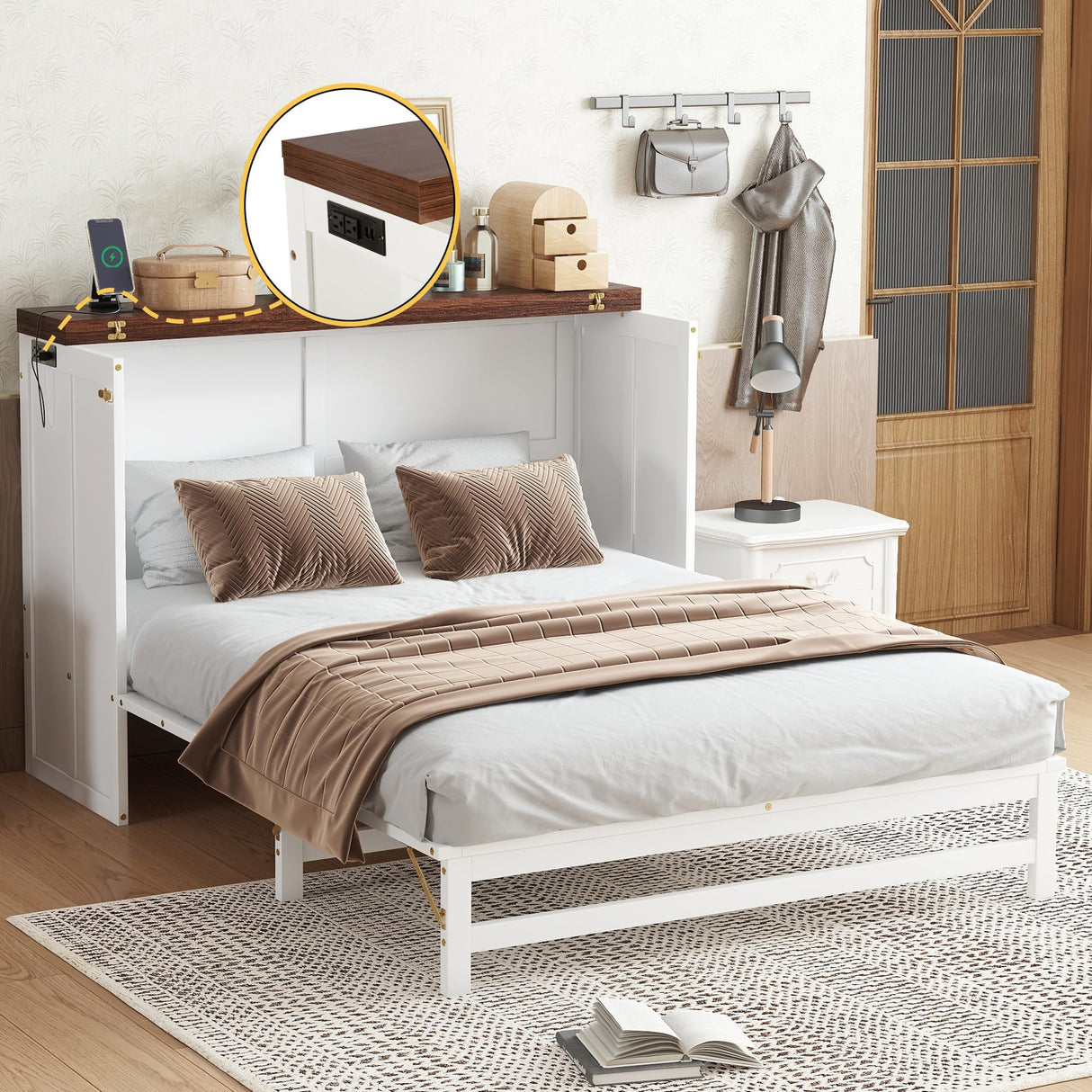 DaiNNCN Cabinet Murphy Bed with Storage Drawer and Charging Station,Cube Foldable Platform Bed,Space-Saving for Living Room,No Box Spring Needed,Full Size,White+Walnut DaiNNCN