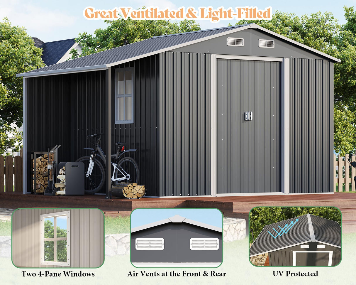 AMERLIFE 10.6x6.8x6.3 FT Galvanized Metal Storage Shed with Open Firewood Bay, Sliding Doors & Ramp, 2 Windows & Vents, Weather-Resistant Outdoor Tool/Garden Shed, Dark Gray AMERLIFE