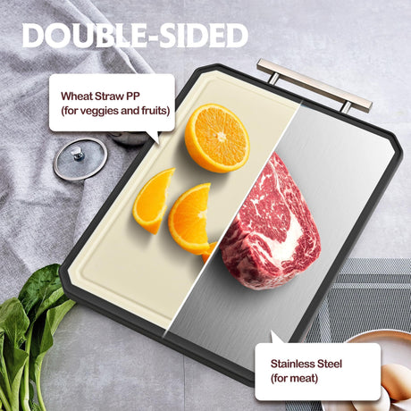 SNOWCLAD Stainless Steel Cutting Board,Double Sided Steel Cutting Board for kitchen,Stainless Steel/Wheat straw pp Large Cutting Board for meat,Dishwasher Safe,non toxic Chopping Board,16 * 11 Inch KLAPOLA