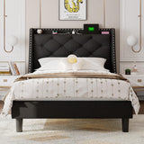 Feonase Twin Bed Frame with Luxury Wingback Upholstered Button Tufted Storage Headboard, Twin Platform Bed with Charging Station, Sturdy Wooden Slats Support, Noise-Free, Easy Assembly, Black Feonase