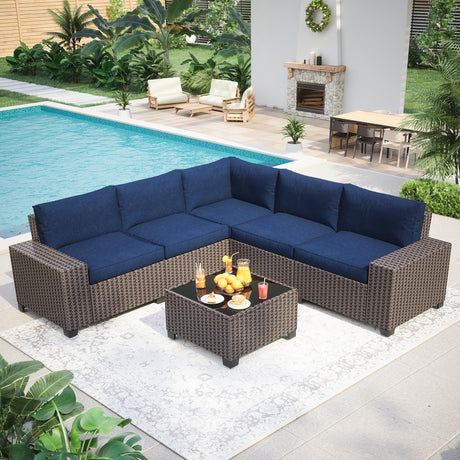 GAOMON 6 Pieces Outdoor Patio Furniture Set, Wicker Patio Conversation Set Sectional Sofa, Brown Patio Sofa with 5 Navy Blue Seat Cushions and 1 Glass Coffee Table GAOMON