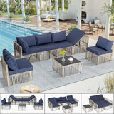 FHFO 7 Pieces Outdoor Patio Furniture Set, Wicker Outdoor Sectional Conversation Couch Set with Adjustable Backrest Sofa, Thick Cushion & Coffee Table for Garden, Porch, Poolside, Grey/Blue FHFO