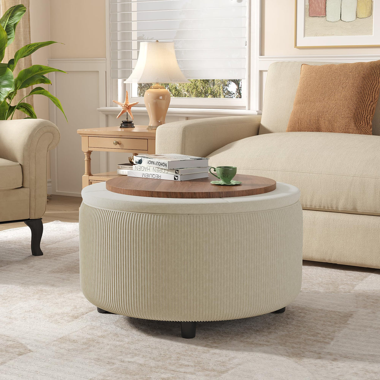 Vabches 30inch Round Storage Ottoman with Hidden Storage, Modern Ottoman Coffee Table with Removable Wood Top, Upholstered Foot Stool for Living Room, Sofa Side, Bedroom, Office (Beige, 30" W) Vabches