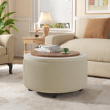 Vabches 30inch Round Storage Ottoman with Hidden Storage, Modern Ottoman Coffee Table with Removable Wood Top, Upholstered Foot Stool for Living Room, Sofa Side, Bedroom, Office (Beige, 30" W) Vabches