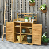 Outsunny Garden Potting Bench Table Wooden Workstation Shed with Tabletop, Hooks, 3-Tier Shelves Cabinet and 2 Magnetic Close Doors Outsunny