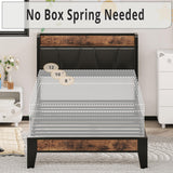 LIKIMIO Vintage Brown and Black Twin Bed Frame with Storage Headboard and Charging Station LIKIMIO