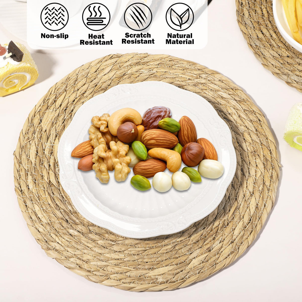 Elcoho 40 Pieces Round Woven Placemats 12 Inch Boho Rattan Placemats Farmhouse Braided Place Mats Woven Plate Chargers Rustic Wicker Table Mats for Dining Table Elcoho