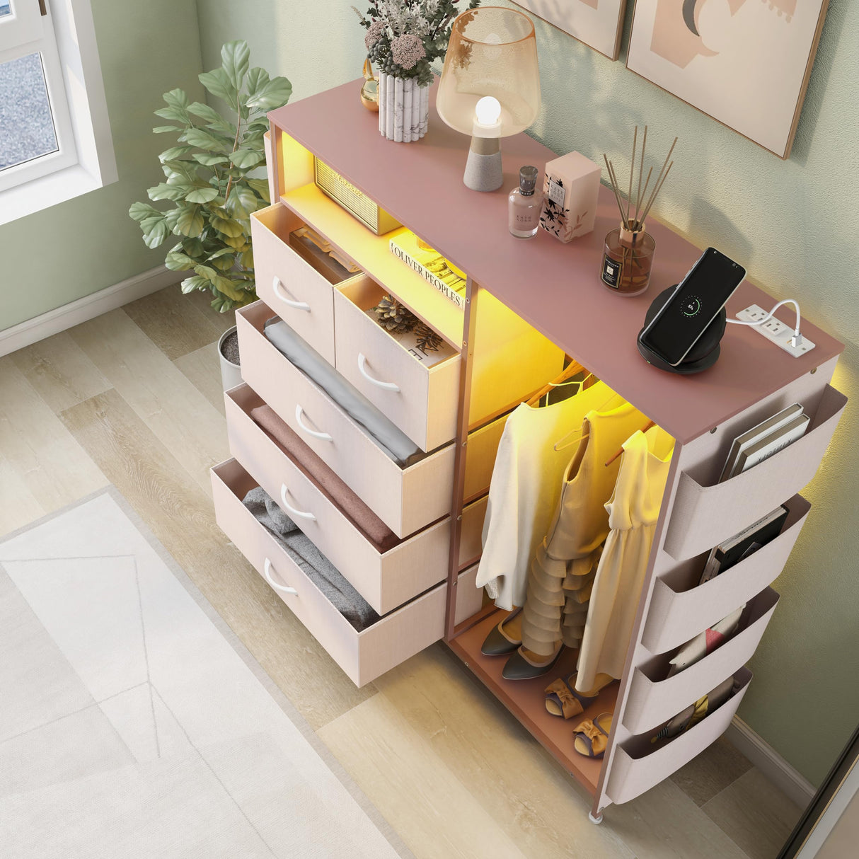 Espelism Dresser for Bedroom with Clothes Rack Side Pockets 5 Drawer Dresser with Charging Station LED Lights Black Storage Chest of Drawers for Hallway Closet Sturdy Steel Frame Wood Top (Pink) Espelism
