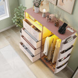 Espelism Dresser for Bedroom with Clothes Rack Side Pockets 5 Drawer Dresser with Charging Station LED Lights Black Storage Chest of Drawers for Hallway Closet Sturdy Steel Frame Wood Top (Pink) Espelism
