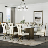 Anewsun 9 Piece Dining Table Set, Brushed Bronze Dining Room Table Set with 78 inch White Stone Table and 8 White Chenille Dining Chairs Anewsun