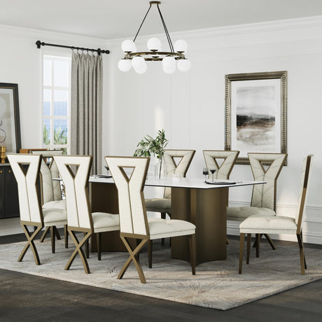 Anewsun 9 Piece Dining Table Set, Brushed Bronze Dining Room Table Set with 78 inch White Stone Table and 8 White Chenille Dining Chairs Anewsun
