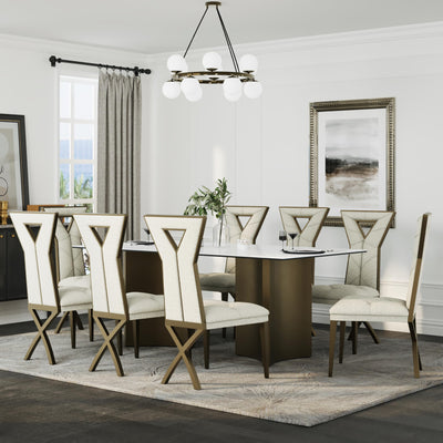 Anewsun 9 Piece Dining Table Set, Brushed Bronze Dining Room Table Set with 78 inch White Stone Table and 8 White Chenille Dining Chairs
