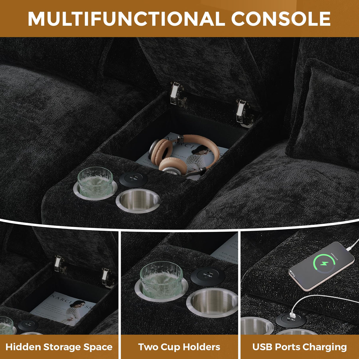 HYJT-H&K 124" U Shaped Cloud Couch Sectional, Comfy Fluffy Chenille Black Sectional Couches for Living Room, Modern Modular Sectionals Sofa with Central Console Double Chaise Lounge Black HYJT-H&K