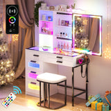 WOOVIVS RGB Vanity Desk with Sliding Mirror and Lights, LED Makeup Vanity with Charging Station/Motion Sensor Light, Glass Top Vanities Dressing Table Set with Jewelry Box,6 Drawers,Stool (White) WOOVIVS