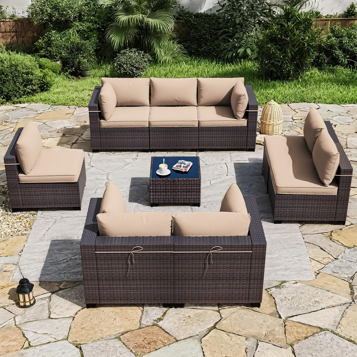 ALAULM 9 Pieces Patio Furniture Set Outdoor Sectional Sofa Sets Brown PE Rattan Patio Conversation Sets w/8 Sand Seat Cushions and 1 Coffee Table ALAULM