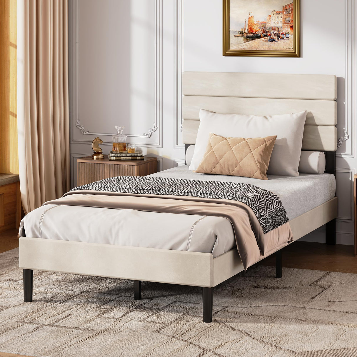 WLIVE Twin Size Upholstered Bed Frame, Velvet Square Tufted Headboard,Sturdy Metal & Wooden Slats Support, No Box Spring Needed, Light Grey WLIVE