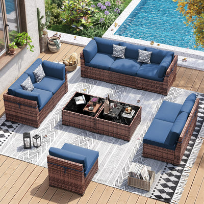 UDPATIO Patio Furniture Set, Modular Outdoor Sectional with 105°Slanted Back, 10 Pieces Rattan Conversation Set for Poolside, Backyard, Deck, with Coffee Table, Waterproof Cover, Blue