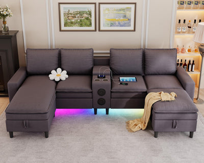 HYZQ Sectional Couches for Living Room, 4 Seat Sectional Sofa with Smart Module-Bluetooth Speaker/RGB Light/Charging Station, Teddy Fleece U Shaped Cloud Couch with Storage Ottoman (Dark Grey)