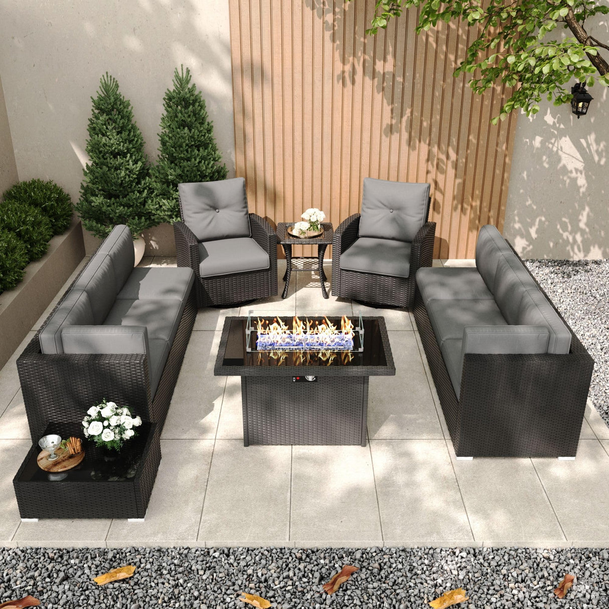 KHOLH Patio Furniture Set with Fire Pit Table, 11 Pieces Outdoor All-Weather Wicker Conversation Sectional Chair Sofa Set with 2 Swivel Chairs KHOLH