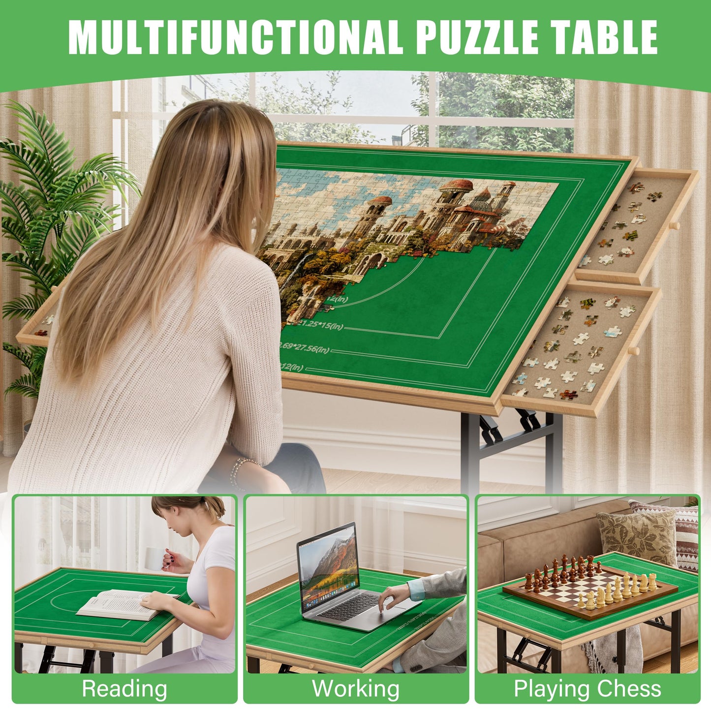 Puzzle Table with Drawers for Adults - Jigsaw Puzzle Table with 1500 Piece Puzzle Board, Adjustable 5-Tilting-Angle Board with Cover, Portable Puzzle Table with Foldable Legs, Present for Puzzle Lover