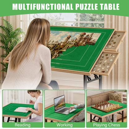 Puzzle Table with Drawers for Adults - Jigsaw Puzzle Table with 1500 Piece Puzzle Board, Adjustable 5-Tilting-Angle Board with Cover, Portable Puzzle Table with Foldable Legs, Present for Puzzle Lover