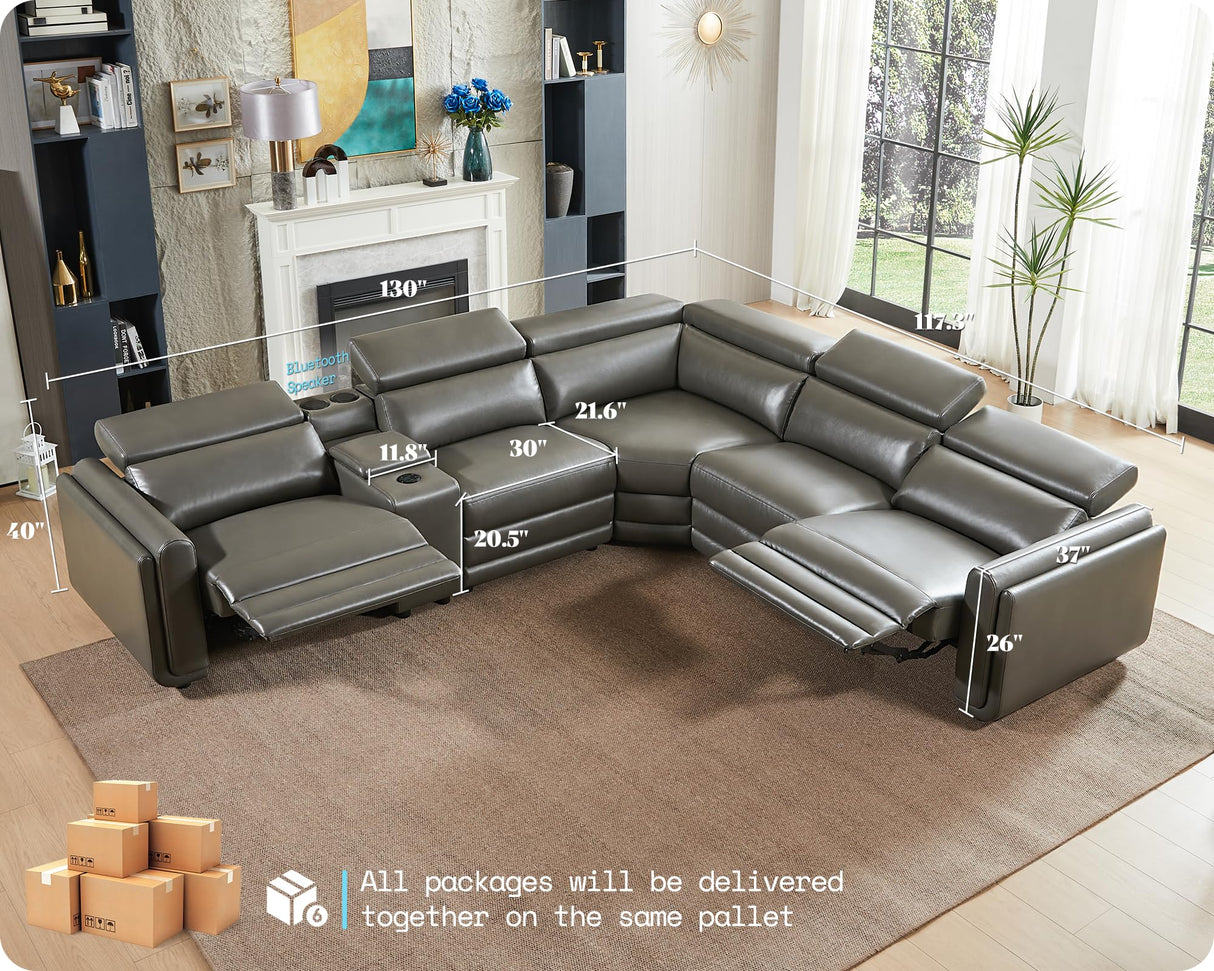 AMERLIFE Power Recliner Sofa, 129 Inch Oversized Reclining Sofa with Console & Speaker, 5 Seats L Shaped Sectional Couch for Living Room, Dark Grey Leather AMERLIFE